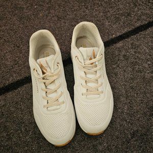 Skechers Women's White Cream Casual Sneakers with Tan Accents